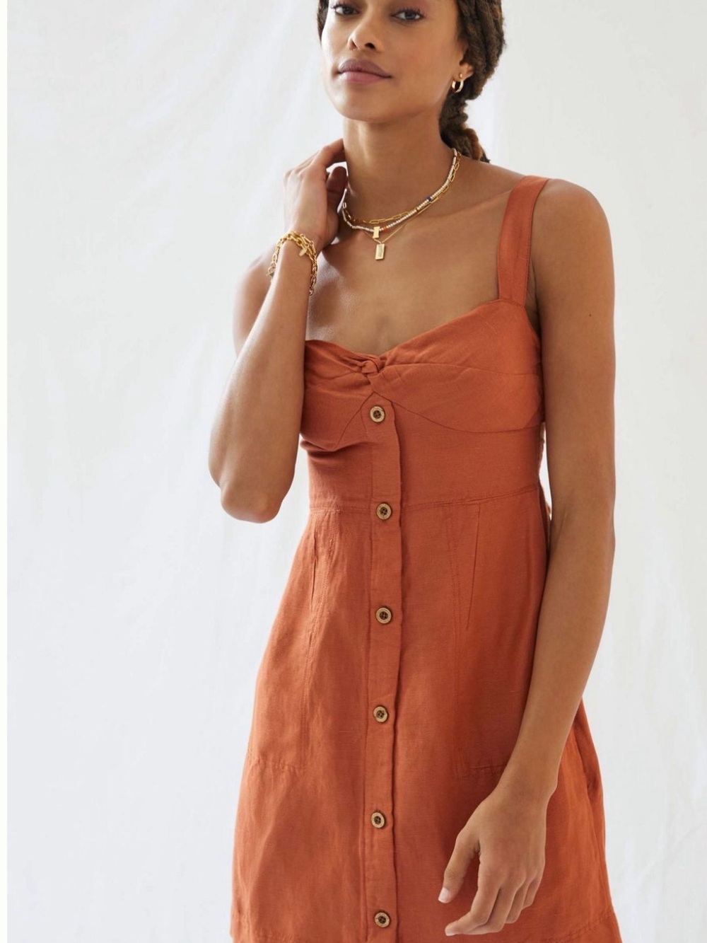 Maeve Button-Front Linen Blend Sundress with Knot Bust Rust Brown XL